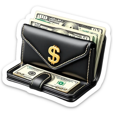 Rich emoji style black leather wallet with dollar bills, luxury money vibe, premium 3D emoji, ultra clean, high detail, no background
 sticker