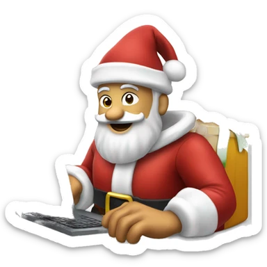 Santa Claus in front of a computer, buying things on Amazon at wrong prices or on sale sticker