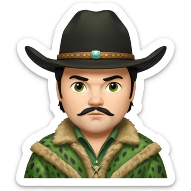 jack black haired cowboy in green fur coat with black hat sticker