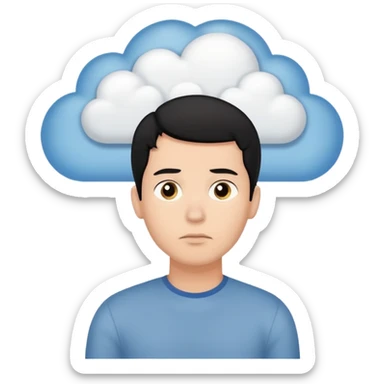 A thinking black hair male person with a white empty thought cloud sticker