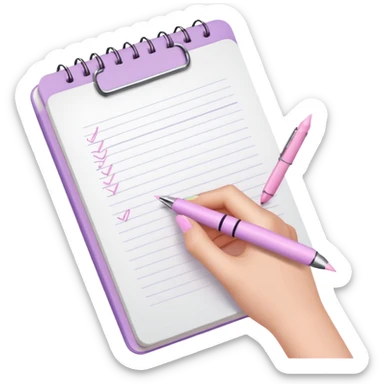 female hand with light lilac nails, pastel pink pen, writing in an open notebook sticker