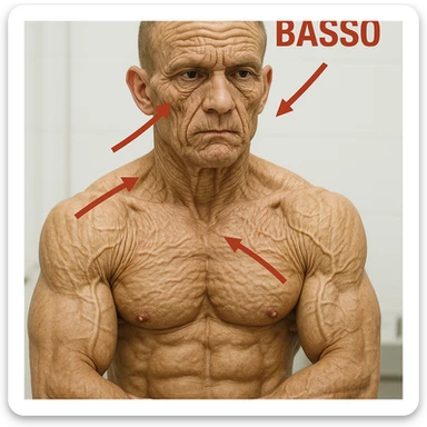 hyper realistic 25 year old bodybuilder aged prematurely due to collagen deficiency, sculpted muscles but skin with deep wrinkles, red arrows and Italian text 'Collagene Basso', clinical atmosphere, white background sticker