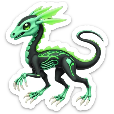 Obsidian-black and neon-glowing-green skeletal Meloetta-Salandit-Gorebyss-Salazzle-Pokémon-Fakémon-creature-fusion-hybrid sticker