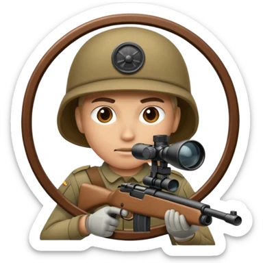 Close-up of a stealthy army soldier looking through the crosshair of his rifle  as seen from the side as he takes aim sticker