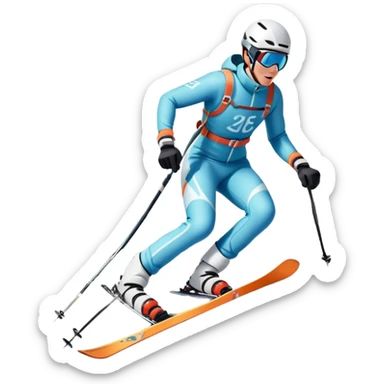 An icon featuring a skier racing down a snow-covered slope, surrounded by snowy peaks and pine trees. The design includes ski poles, bright winter gear, and dynamic motion lines, capturing the thrill and speed of alpine skiing. Transparent background sticker