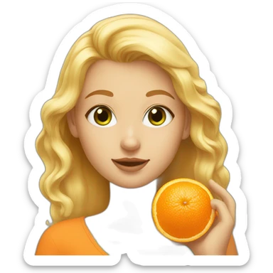 Blonde girl with green eyes holding orange spitz sticker