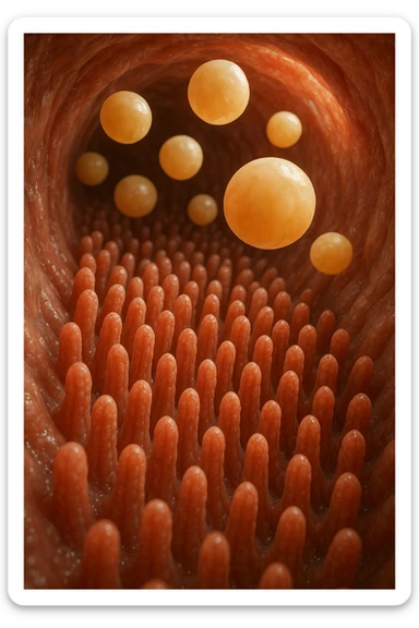 VILLI INTESTINALI CON CELLULE DI GRASSùO CHE CI FLUTTUANO SOPRA, INTERNO REALISTICO DI UN INTESTINO, IPERREALISTICO 4K sticker