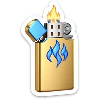 3D emoji icon of a golden metallic lighter with a blue flame, high quality, 3D render, minimalist white background sticker