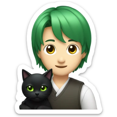 Giyu Tomioka holding a black cat with green eyes and a bob tail sticker