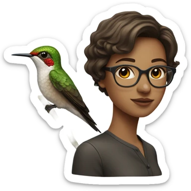 Girl pale , brunette, with short hair, wearing glasses with a hummingbird next to her sticker