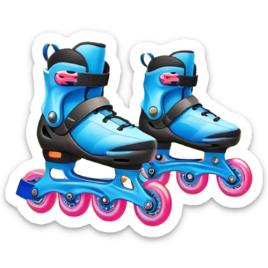 An icon featuring a pair of colorful rollerblades placed on a smooth path. The background showcases a picturesque park with lush greenery, blooming flowers, and a clear blue sky with soft clouds. The bright sunlight adds a cheerful touch to the scene. Transparent background sticker