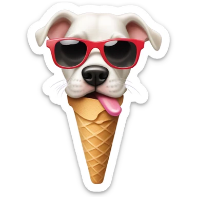 A dog licking a ice cream cone with cool sunglasses sticker