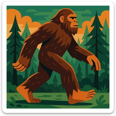 sasquatch striding in profile, classic cryptid look, brown fur, forest background, stylized illustration sticker