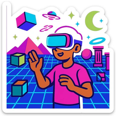 virtual reality world, digital grid, neon colors, vibrant toon style sticker