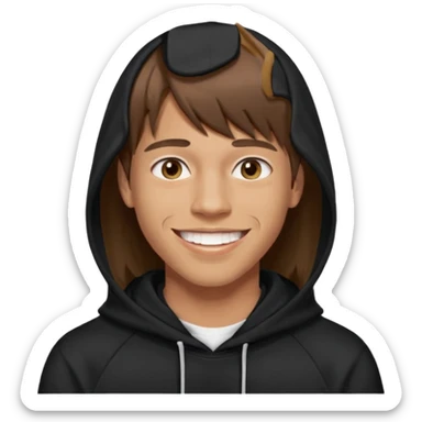 20 yr old man, brown hair, straight, big smile, white teeth, tanned skin, bangs, black hooded sweatshirt, long hair in back, center-parted bangs, big lips sticker