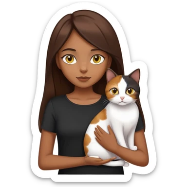 Brown straight-haired girl wearing black top with a pure white cat with yellow eyes and a calico cat sticker