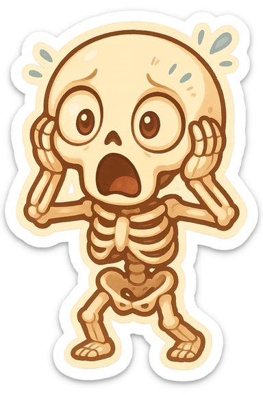 whimsical skeleton showing shock, eyes bulging, mouth agape, hands on sides of head, lively animated style sticker