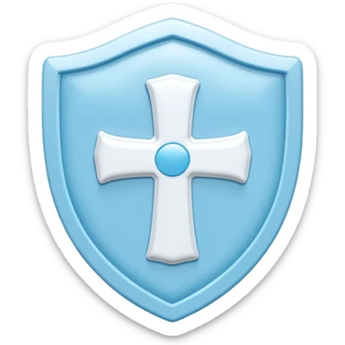 A cute 3D render icon of a protective shield. Rounded edges, plump, glossy plastic material. Sky blue and white color palette. A subtle, soft white cross or heart symbol embossed in the center. Clean studio lighting, soft shadows. Isolated on a light pastel background. Minimalist design. sticker