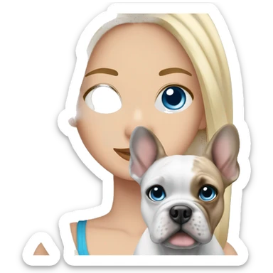 Blonde hair woman with blue eyes holding a merle Frenchie with blue eyes sticker