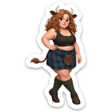 shy buff curly woman with frecles with light brown messy hair tughing at her long brown cow tail with both hands with strong fat thights with cow horns and cow brown ears with big butt in a short scottish kilt and with knee socks and shoes stands with crossed legs sticker