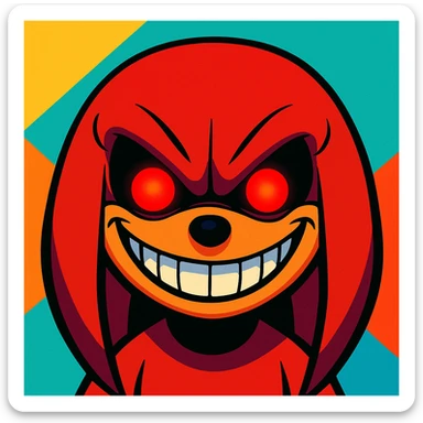 Knuckles from Sonic, horror cartoon style, only the face, glowing red eyes, sinister grin, bright and vivid background, not dark sticker