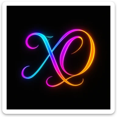 logo featuring the letters 'X' and 'O' in a fancy, intertwined design, neon colors, black background, modern and glowing sticker