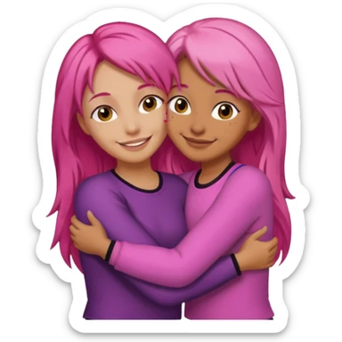 Surprisingly goofy once they open up. Strong, loyal, and incredibly supportive — but still hates wasting time. one woman with long pink hair hugging another woman with short  dark hair sticker