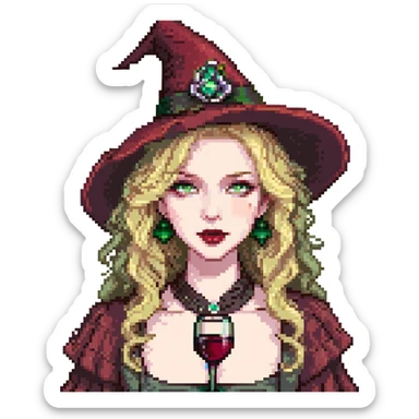 pale witch, wavy blonde hair, green eyes, wine lipstick, pointed hat, pixel art sticker
