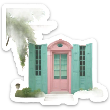 full view on a pink with green shutters and light blue door 19th century villa  sticker