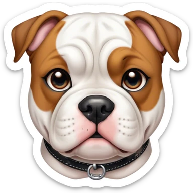 Cinematic Cute Black and White American Bulldog Portrait Emoji, Head tilted playfully and inquisitively, smooth fur with a bold black and white pattern, round, sparkling brown eyes filled with curiosity, Simplified yet irresistibly adorable features, highly detailed, glowing with a warm, friendly glow, high shine, affectionate and lively, stylized with a touch of whimsy, bright and endearing, soft glowing outline, capturing the essence of a mischievous yet loving pup, so playful it feels like it could bound out of the screen and into your arms! sticker