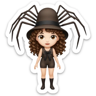 full body woman short curly brown mullet hair brown eyes white skin wearing spider hat and silk ribbon outfit sticker