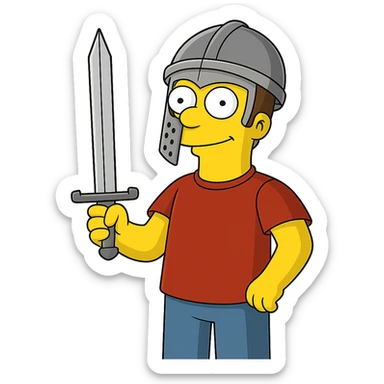 Regenerate the image keeping the same angle, facial expression, and size proportions of the character, but add a medieval helmet on the hero's head and replace the camera with a sword. The style should resemble The Simpsons with a transparent background. sticker