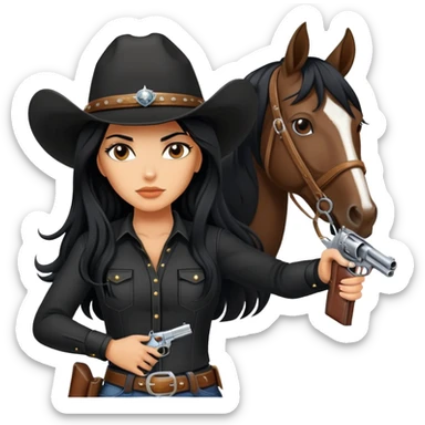 confident hot tanned woman with long black hair cowgirl style wearing black outfit with gun and horse sticker