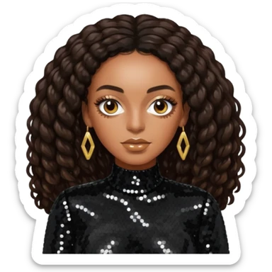 Solange with long dark brown hair, black sequin outfit sticker