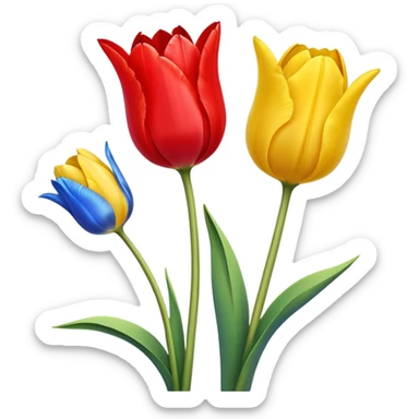 three tulips - one red tulip, one blue tulip, and one yellow tulip sticker