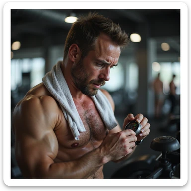 muscular man in his 30s obsessively checking heart rate monitor during cardio, face red with overexertion, gym towel soaked in sweat, panic in his eyes, hyperrealistic 4K details, gym environment sticker