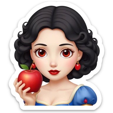 Cinematic Elegant Snow White Portrait Emoji, Delicately holding a red apple, eyes glimmering with mystery, soft curls perfectly placed, her royal presence glowing with a warm, enchanting charm! sticker