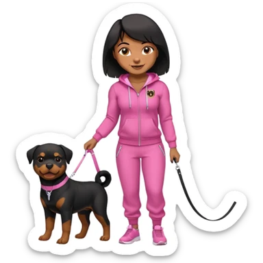 Adult Rottweiler full body on a leash held by African American woman in all pink tracksuit  sticker