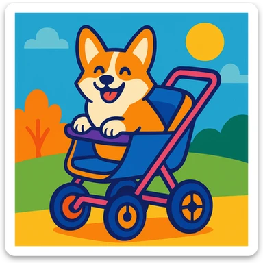 a smiling corgi riding in a stroller, fun and lighthearted, cartoon style, vibrant colors sticker