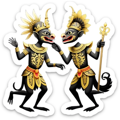 Wayang – Cinematic Realistic Wayang, depicted as intricately carved traditional Indonesian shadow puppets with expressive features and vibrant cultural motifs, set against a dark, dramatic backdrop with subtle glowing highlights that evoke the mystical art of shadow play. sticker