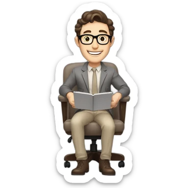 Joyful Celebrating victory Pale skinned Fit Man With dark brown hair in gray jacket, beige office shirt, Brown pants and vintage glasses sitting In a soft chair with a notebook and a pen sticker