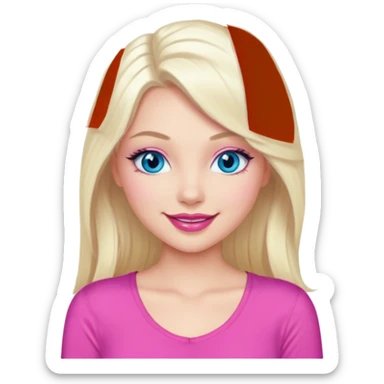 Girl with long platinum blonde hair, blue eyes, long lashes, sexy pink lips, wearing a pink top sticker