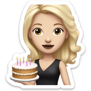 White girl with blonde straight hair, mauve lips, dark eyes, black dress, birthday cake in hands sticker