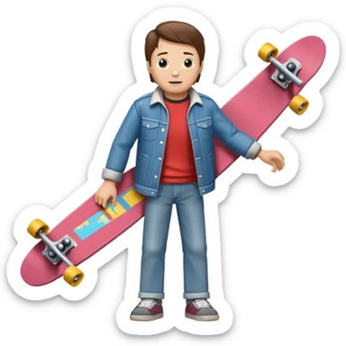 Marty McFly from Back to the Future, holding a skateboard, casual pose sticker