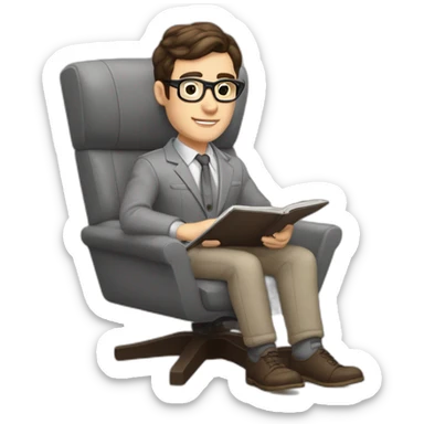 Pale skinned Fit Man With dark brown hair in gray jacket, beige office shirt and vintage glasses sitting In a soft chair with a notebook with emblem Ψ and a pen in his hands sticker