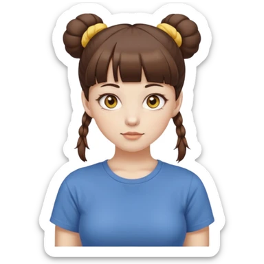 beautiful girl with brown hair with up twin buns style only, straight bangs, yellow eyes, milk brown tshirt, white skin, her body is a little fat  sticker