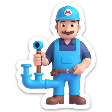 plumber holding a turquoise pipe, modern and playful sticker
