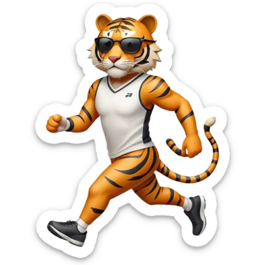 energetic anthropomorphised tiger in sports clothes, wearing dark sunglasses, walking upright, dynamic pose sticker