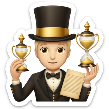 many hands in one, a top hat with a gold stripe, a golden hourglass, papers, a cup

 sticker