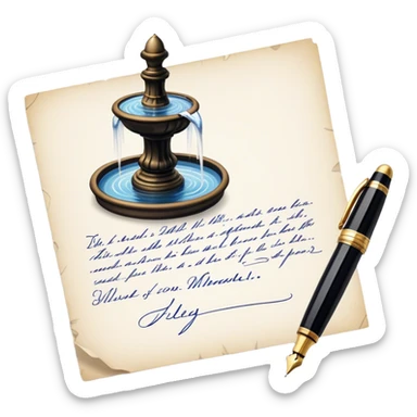 Icon for Autograph Collecting: a signature on a piece of paper with a vintage fountain pen beside it, and a collection of autographed photos or memorabilia in the background. The icon should convey the passion for collecting famous signatures. Transparent background. sticker